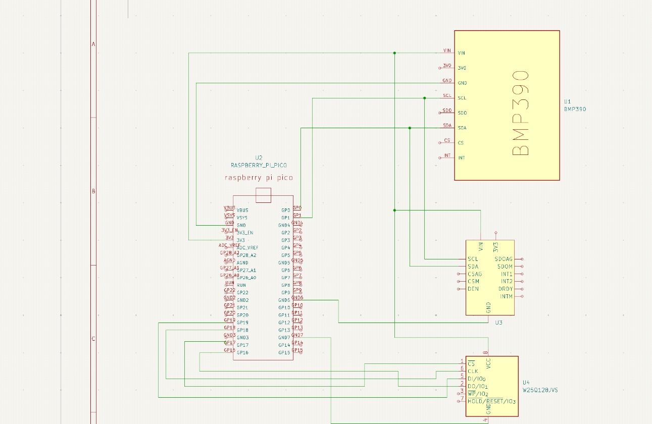 KiCad schematic for custom sensor board showing LSM9DS1 and BMP390 on shared I2C bus